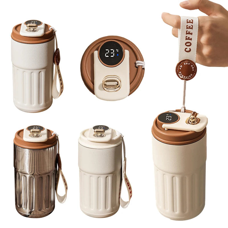 A set of five product images, showing a reusable coffee mug with a temperature display on the lid. The mug comes in stainless steel and a light cream color. A hand holds the mug by the lanyard.