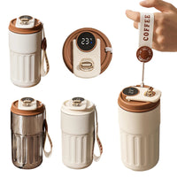 A set of five product images, showing a reusable coffee mug with a temperature display on the lid. The mug comes in stainless steel and a light cream color. A hand holds the mug by the lanyard.